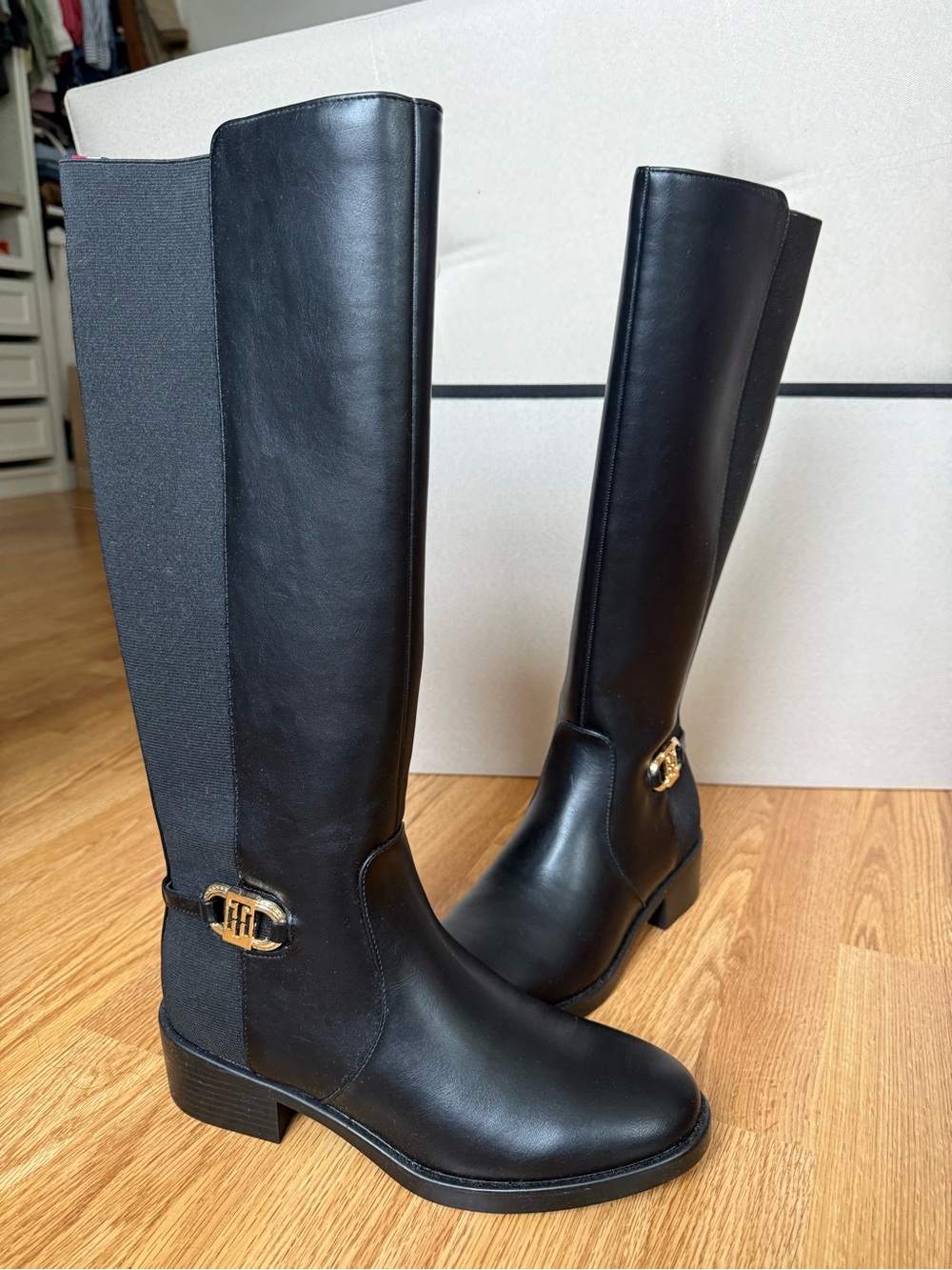 Tommy Hilfiger Black Leather Over-the-Knee Boots with Gold Hardware